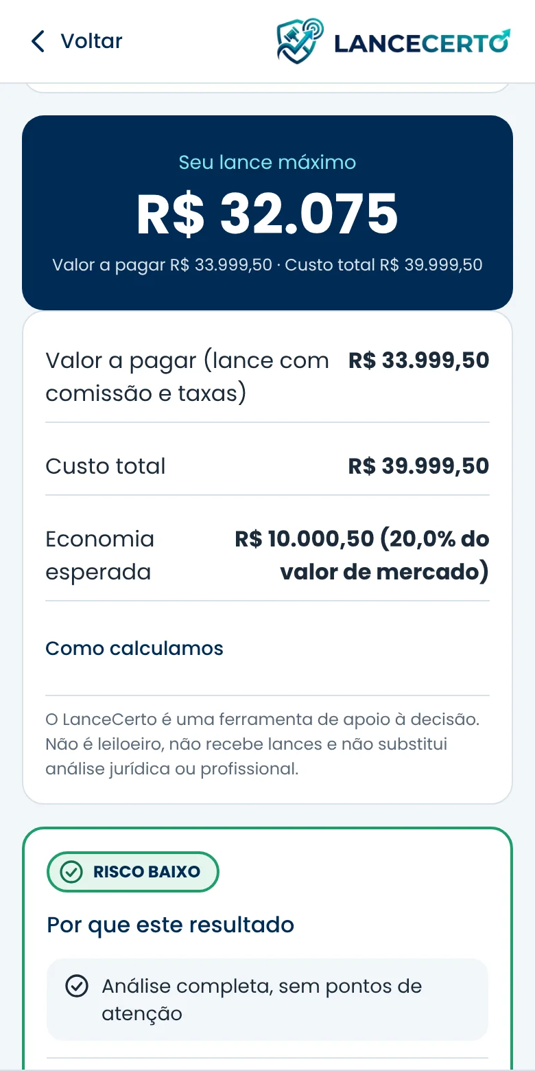 Tela do app mostrando o lance máximo de R$ 32.075 para um Fiat Argo, com o valor a pagar, o custo total e a economia esperada.